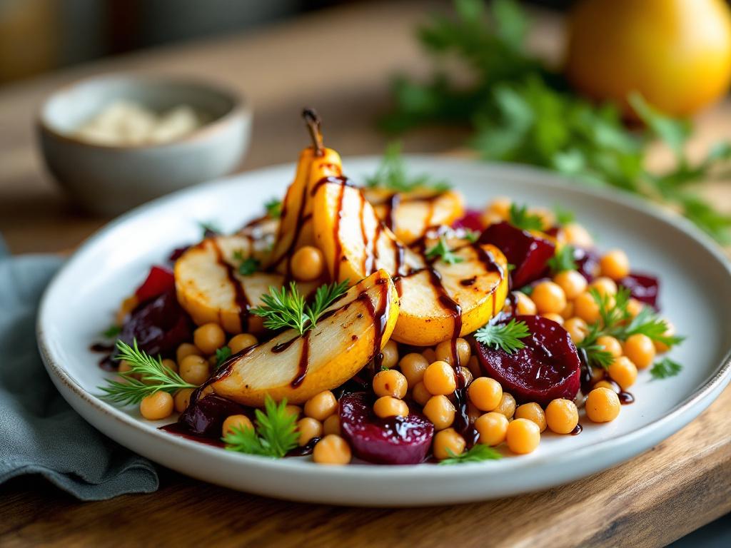 Gebratene Birnen- und Rote Bete Scheiben mit Kichererbsensalat