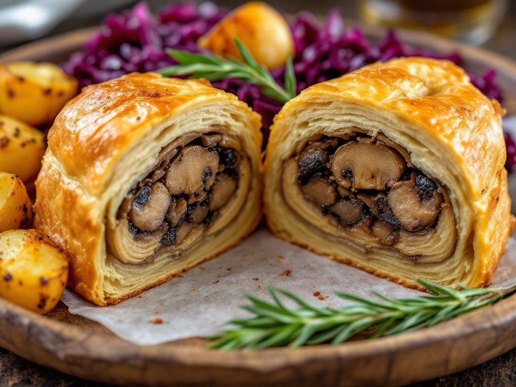 Pilz Wellington mit Kartoffeln und Rotkohl